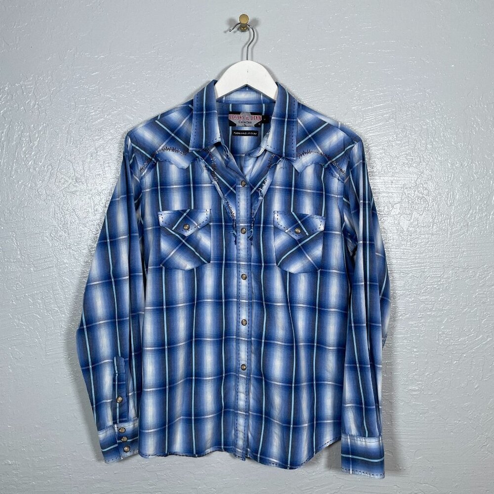 Brooks Dunn Collection Panhandle Slim Women L Blue White Plaid Pearl Snap Shirt